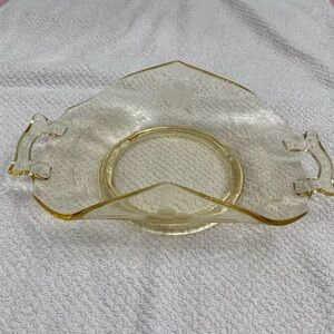 VTG YELLOW ETCHED DEPRESSION GLASS WITH HANDLES, ETCHING AND CURLED SIDES